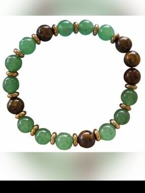 NWOT Green Aventurine & Tiger's Eye Beaded Stretch Bracelet Gold Accents